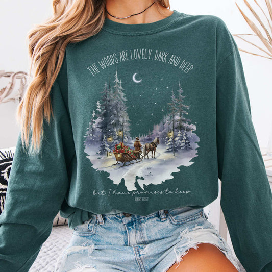 Long-sleeve Blue Spruce / S The Woods Are Lovely Robert Frost Christmas Edition Long Sleeve Shirt The Mystic Eden