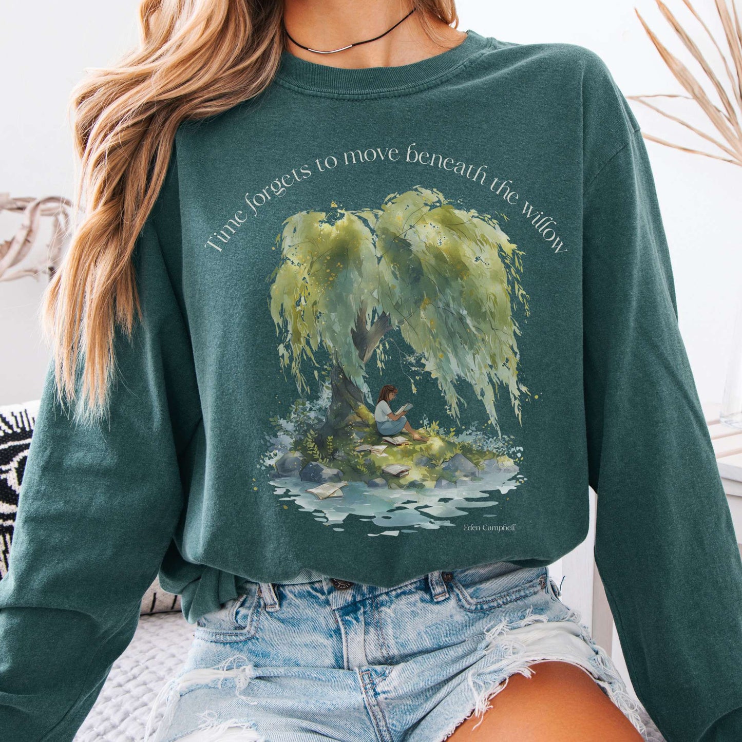 Long-sleeve Blue Spruce / S Time Forgets to Move Beneath the Willow Long Sleeve Tee The Mystic Eden