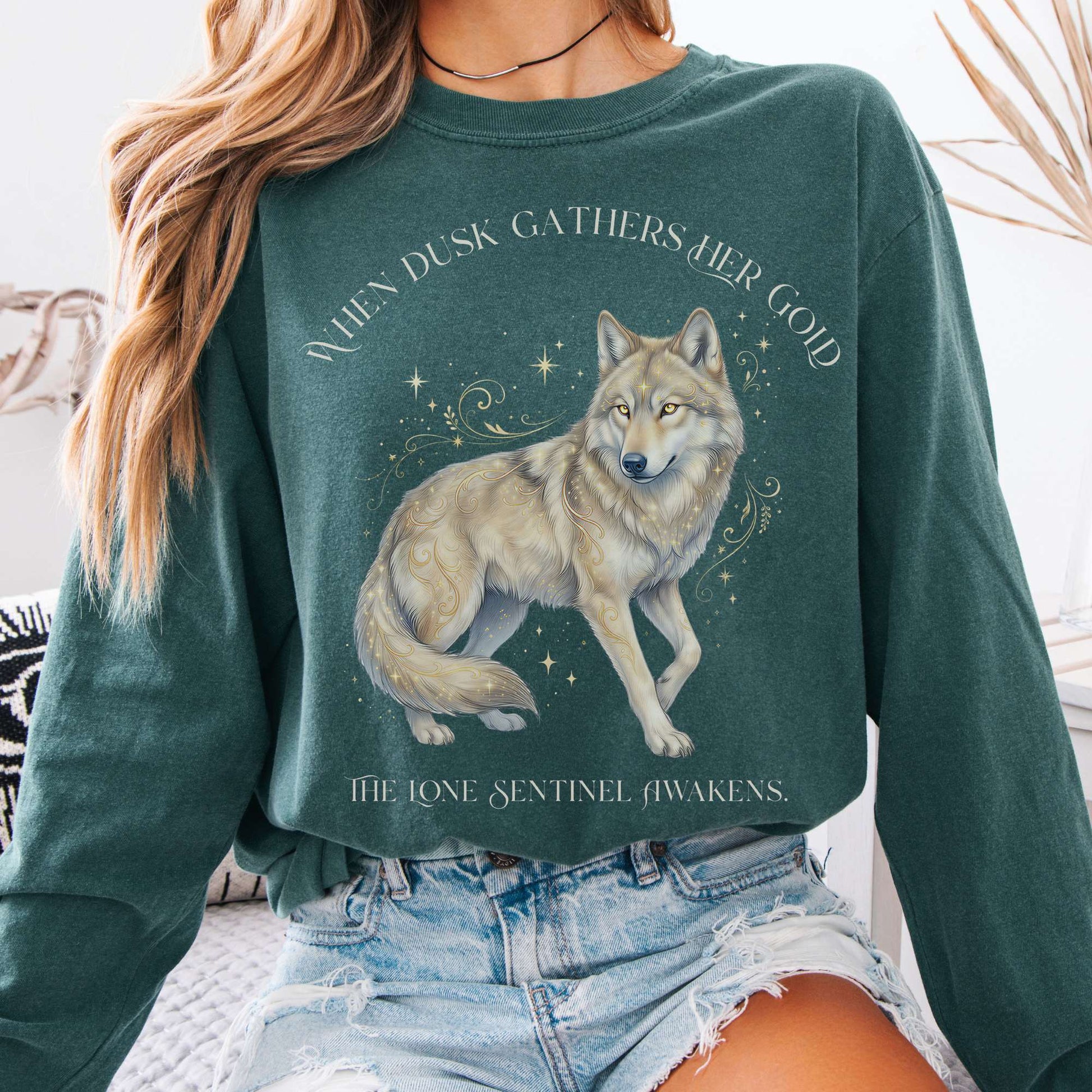 Long-sleeve Blue Spruce / S When Dusk Gathers Her Gold Mystical Wolf Long Sleeve The Mystic Eden