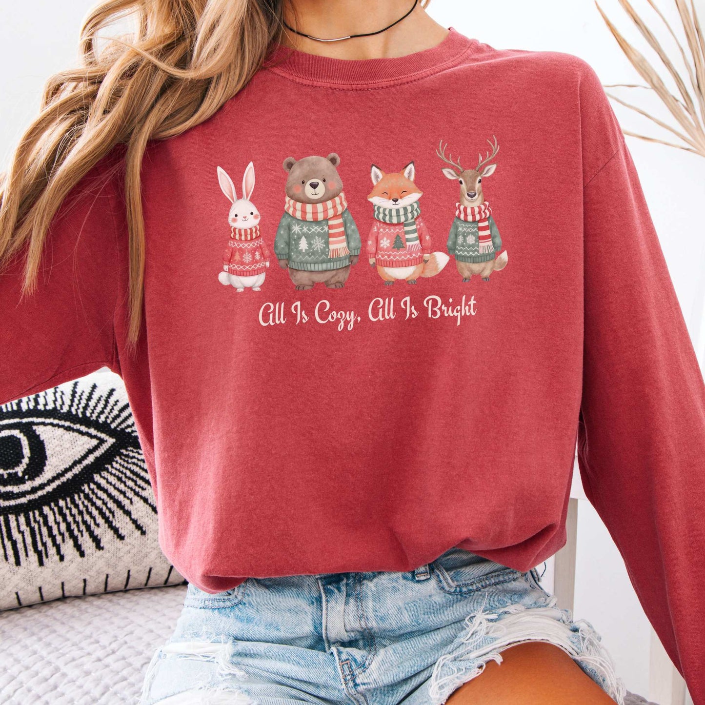 Long-sleeve Crimson / S All Is Cozy, All is Bright Woodland Christmas Long Sleeve Shirt The Mystic Eden