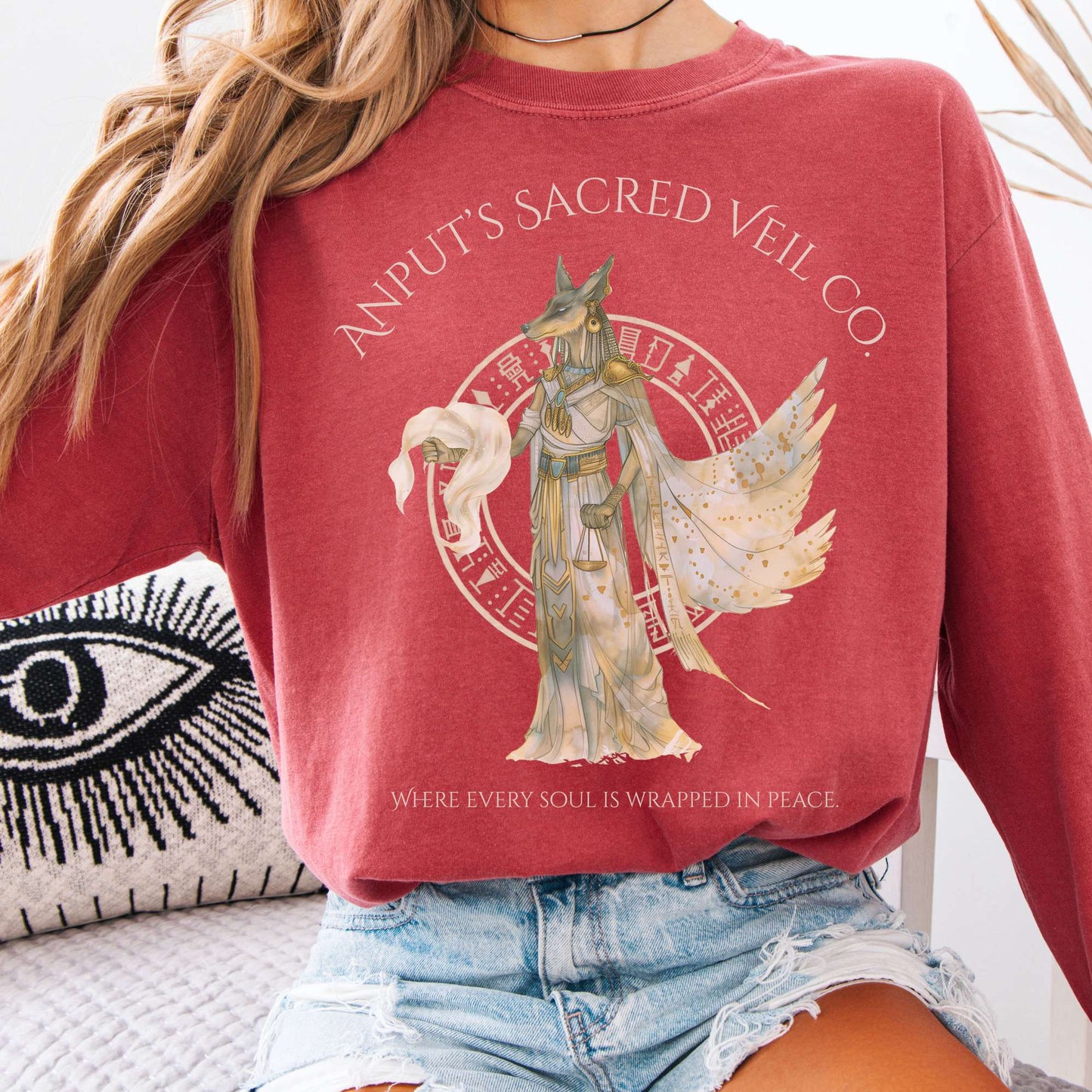 Long-sleeve Crimson / S Anputs Sacred Veil Co Egyptian Mythology Long Sleeve Tee The Mystic Eden