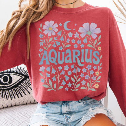 Long-sleeve Crimson / S Aquarius Long Sleeve Shirt – Zodiac Retro Floral Tee The Mystic Eden