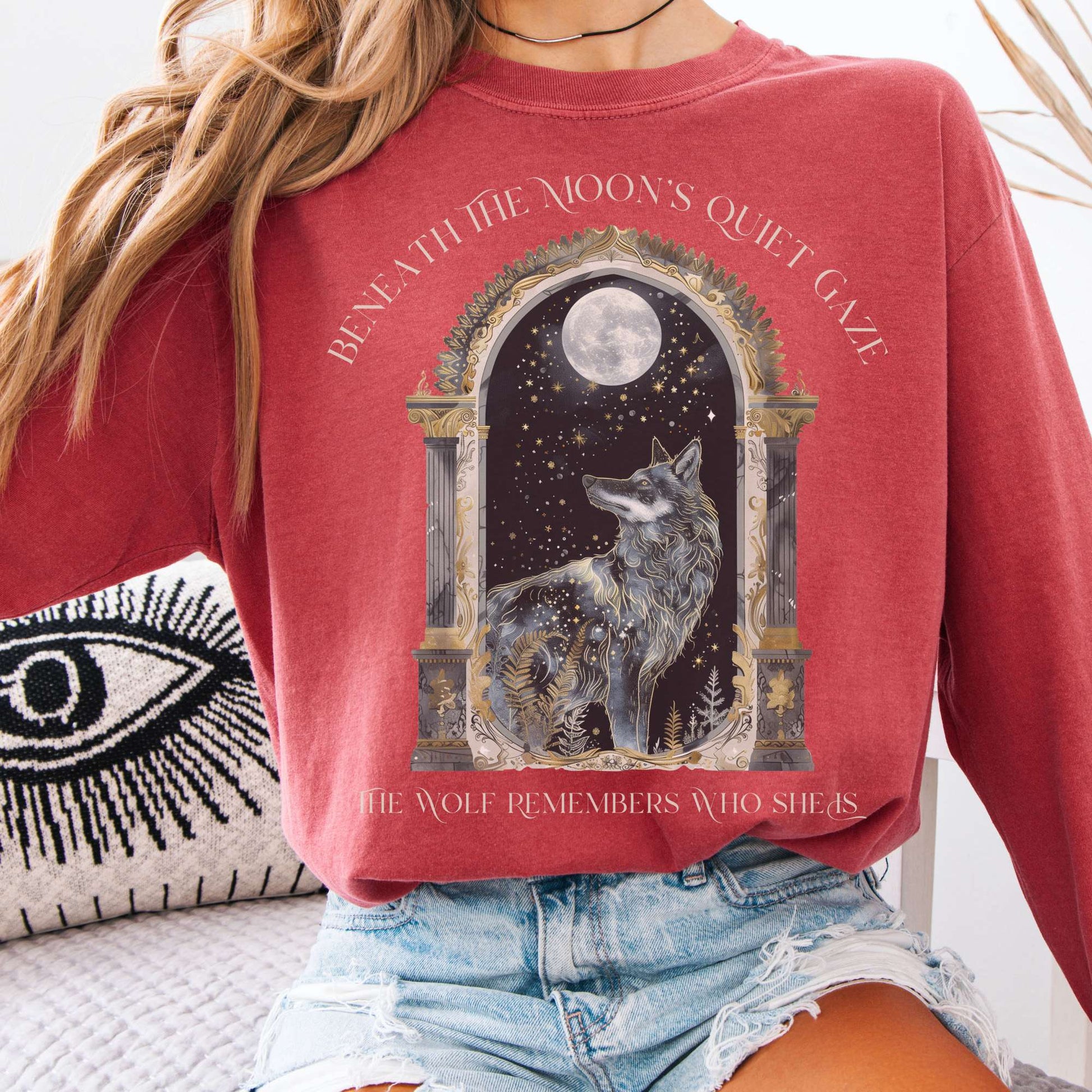 Long-sleeve Crimson / S Beneath The Moon The Wolf Remembers Who She Is Long Sleeve Tee The Mystic Eden