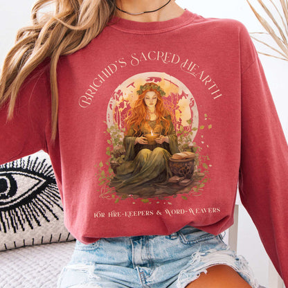 Long-sleeve Crimson / S Brighid's Sacred Hearth Goddess Long Sleeve T-Shirt The Mystic Eden