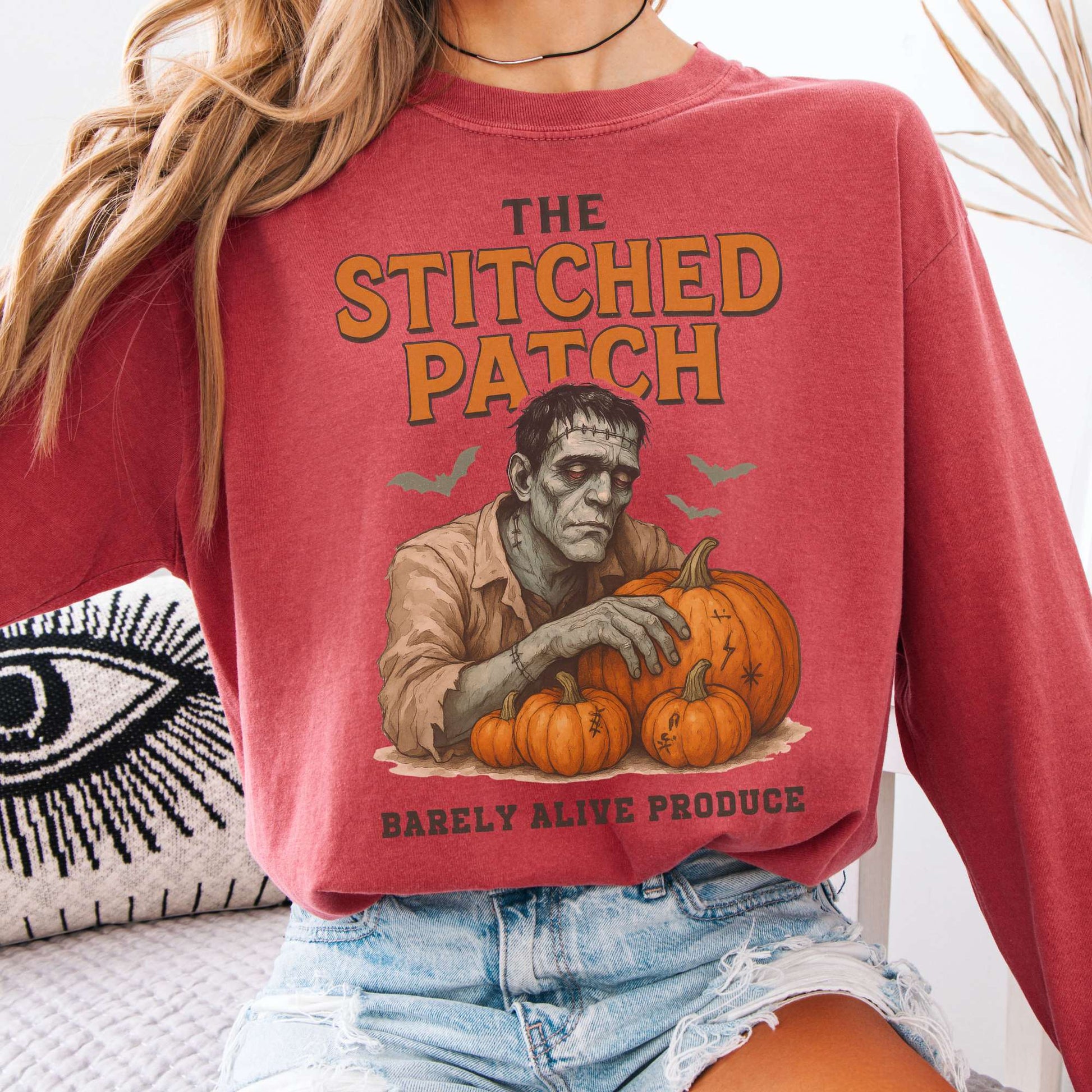 Long-sleeve Crimson / S Frankenstein's The Stitched Patch: Barely Alive Produce Long Sleeve Shirt The Mystic Eden