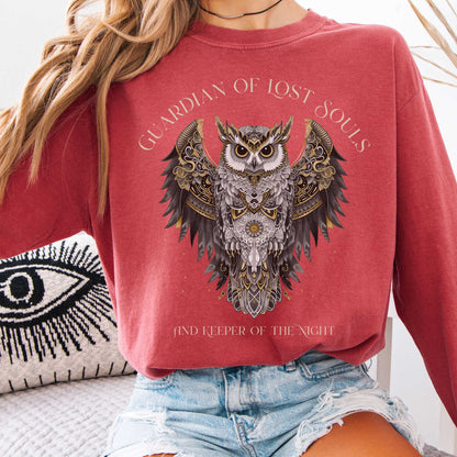 Long-sleeve Crimson / S Guardian of Lost Souls Mythic Owl Long Sleeve Tee The Mystic Eden