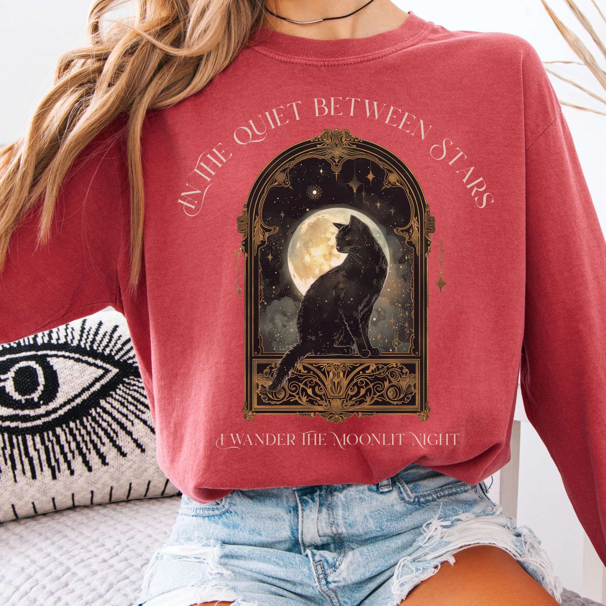 Long-sleeve Crimson / S In the Quiet Between Stars Moonlit Cat Long Sleeve Tee The Mystic Eden