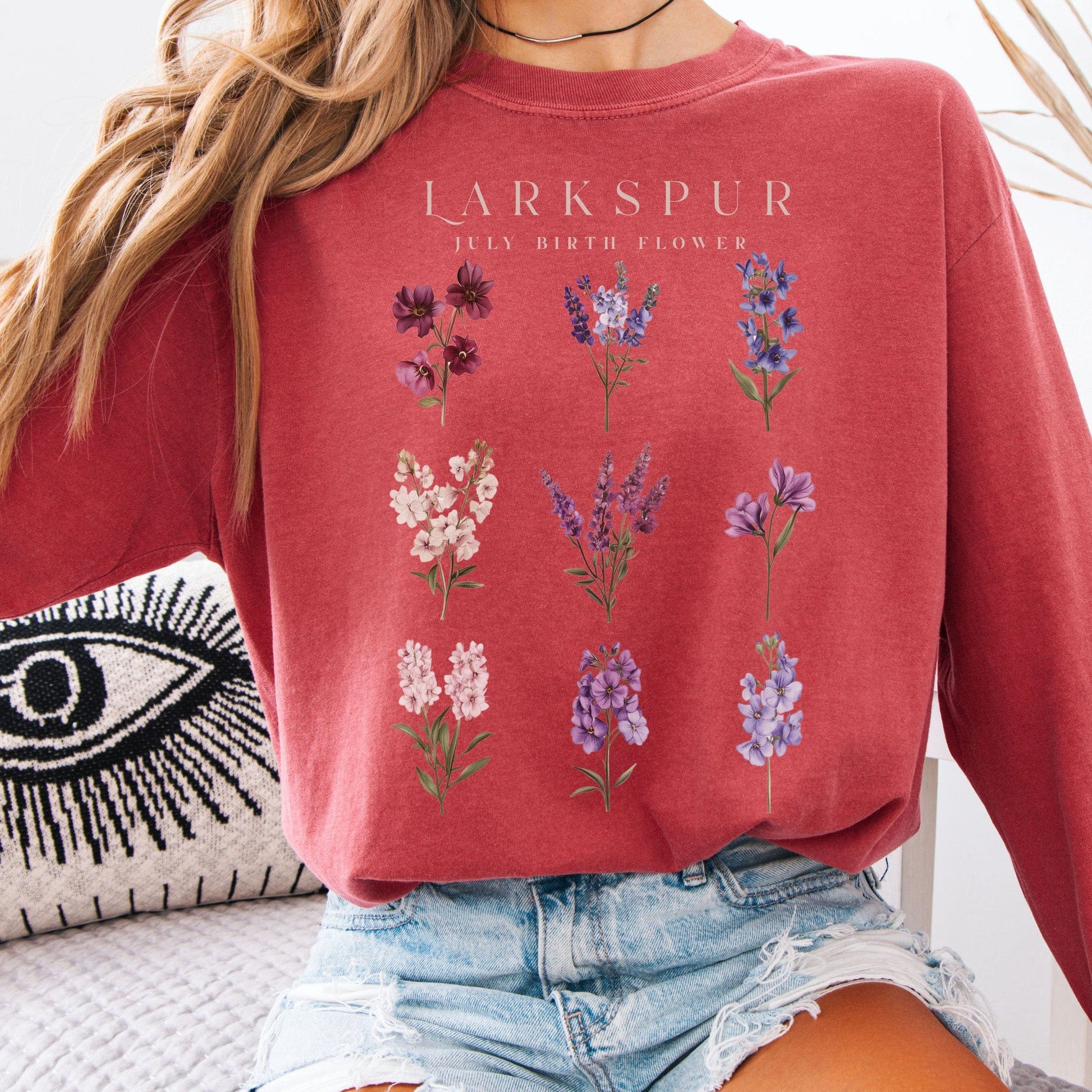 Long-sleeve Crimson / S Larkspur July Birth Month Flower Long Sleeve Shirt The Mystic Eden