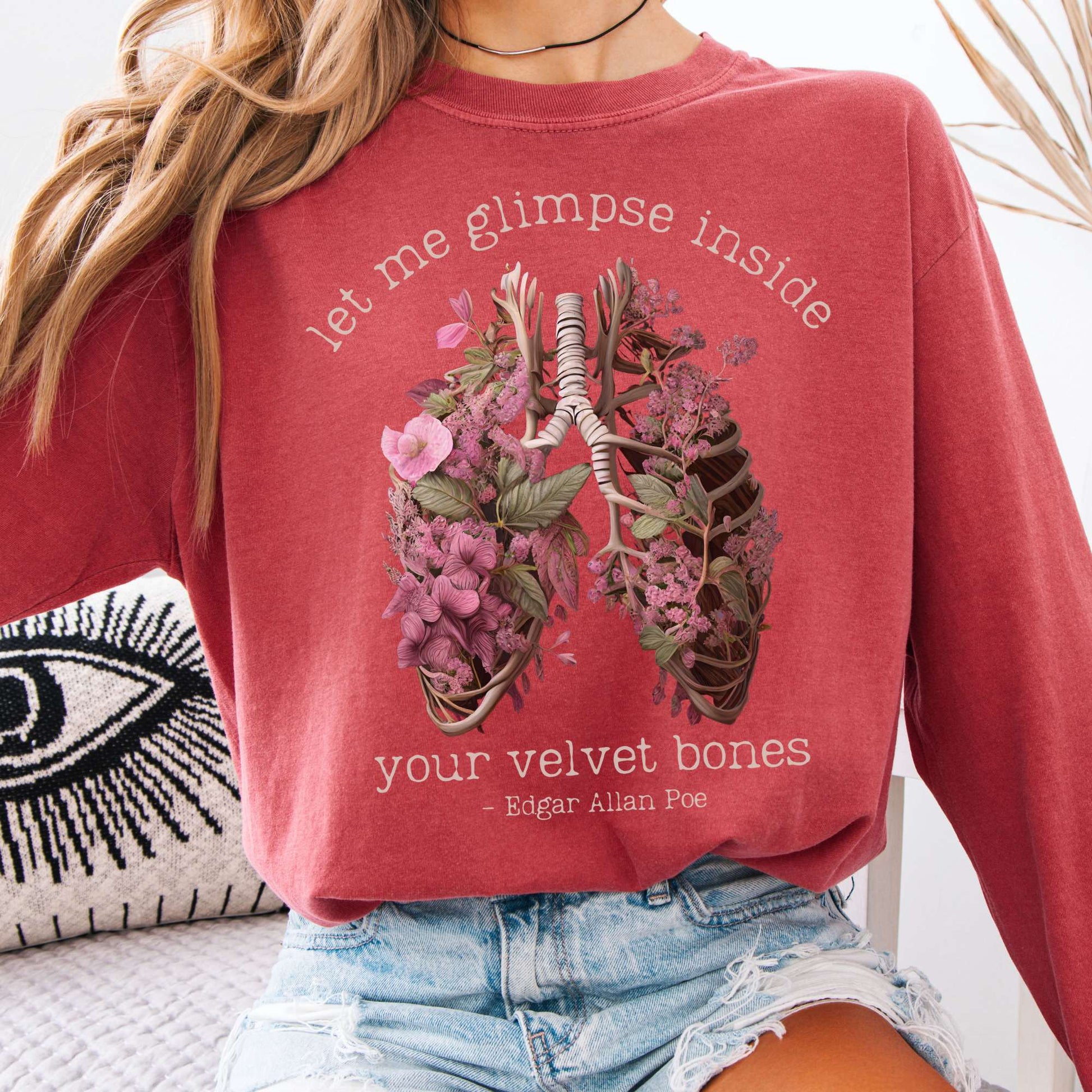 Long-sleeve Crimson / S Let Me Glimpse Inside Your Velvet Bones Poe Long Sleeved Shirt The Mystic Eden