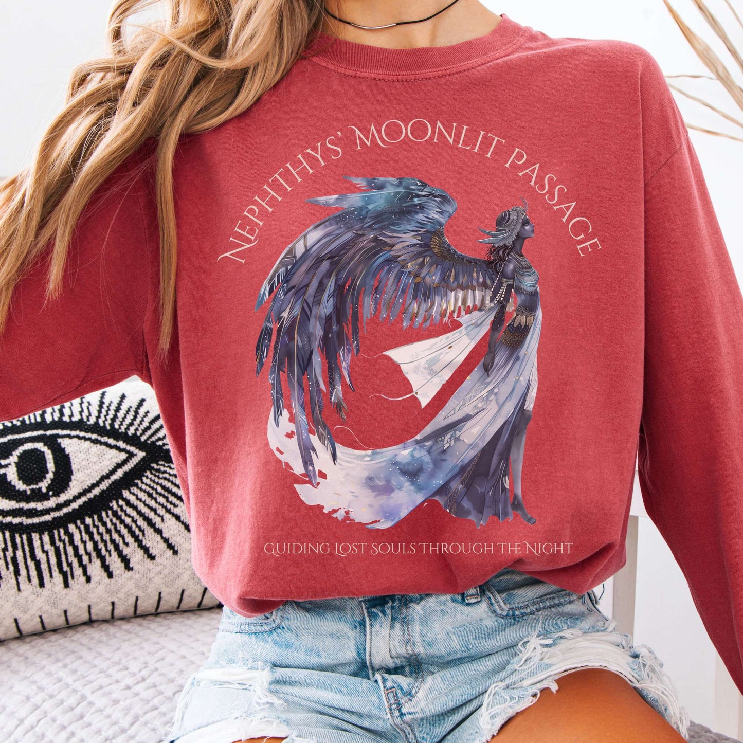 Long-sleeve Crimson / S Nephthys' Moonlit Passage Egyptian Mythology Long Sleeve Tee The Mystic Eden