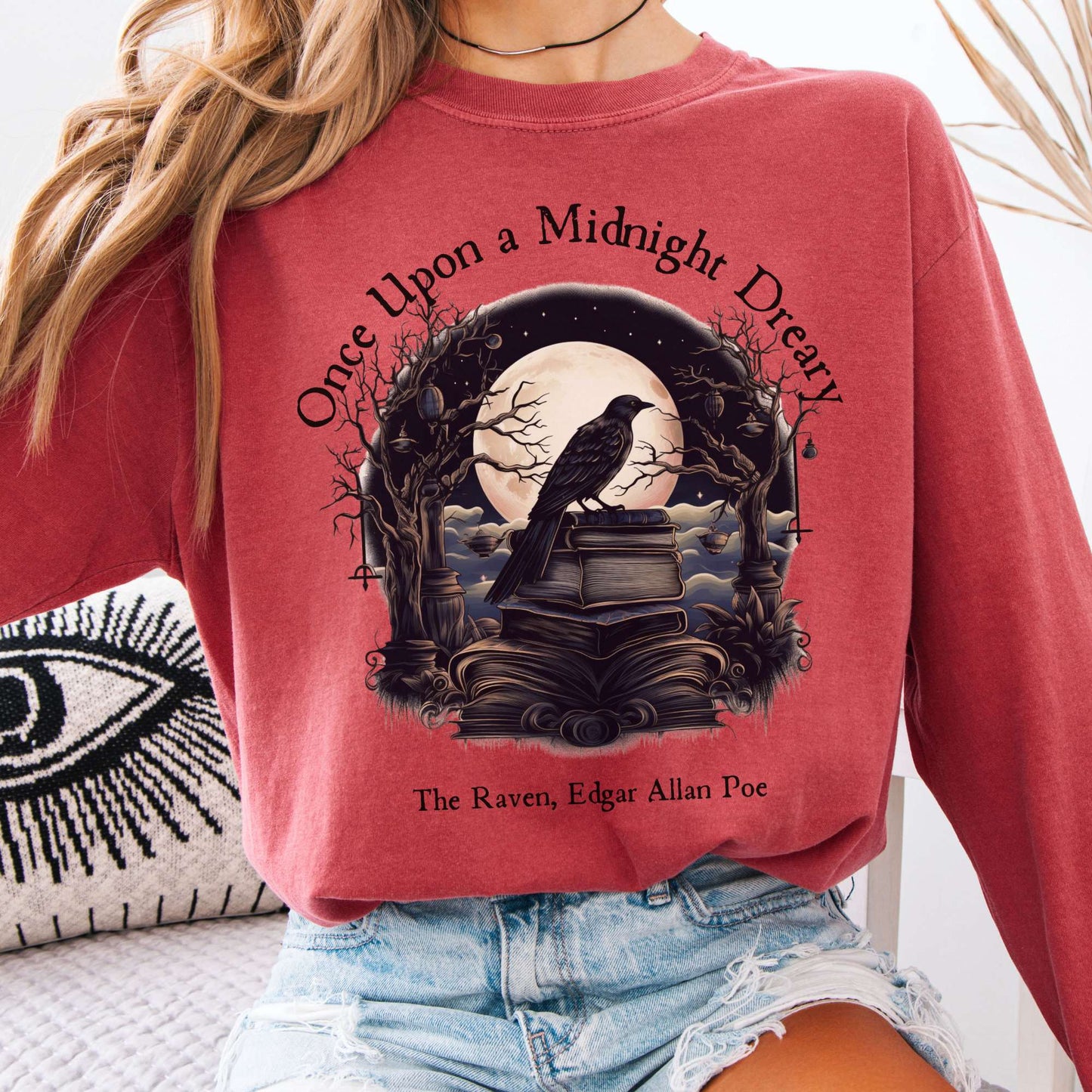 Long-sleeve Crimson / S Once Upon a Midnight Dreary Edgar Allan Poe Long Sleeved Shirt The Mystic Eden