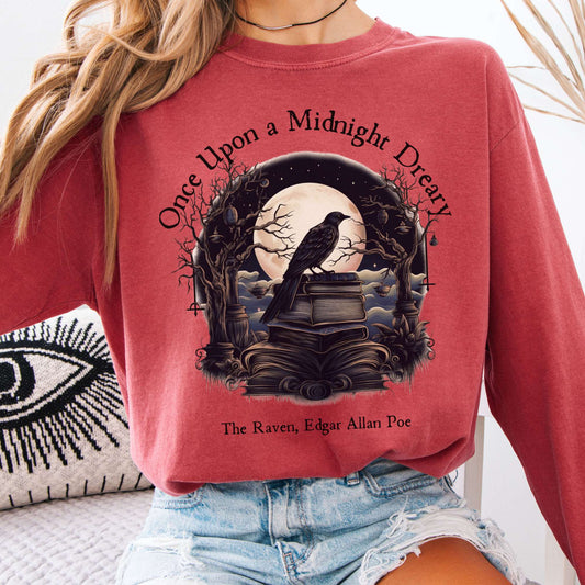 Long-sleeve Crimson / S Once Upon a Midnight Dreary Edgar Allan Poe Long Sleeved Shirt The Mystic Eden