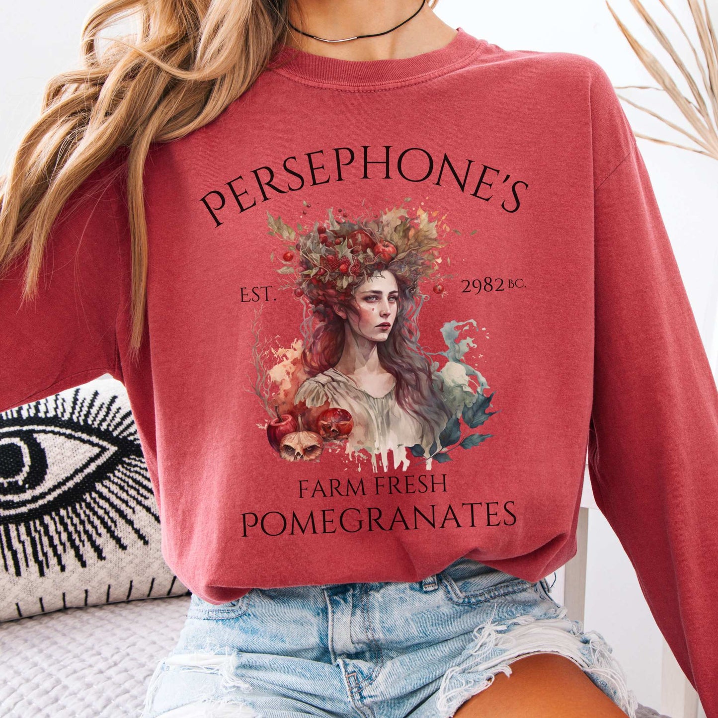 Long-sleeve Crimson / S Persephone's Farm Fresh Pomegranates Long Sleeve T-Shirt The Mystic Eden