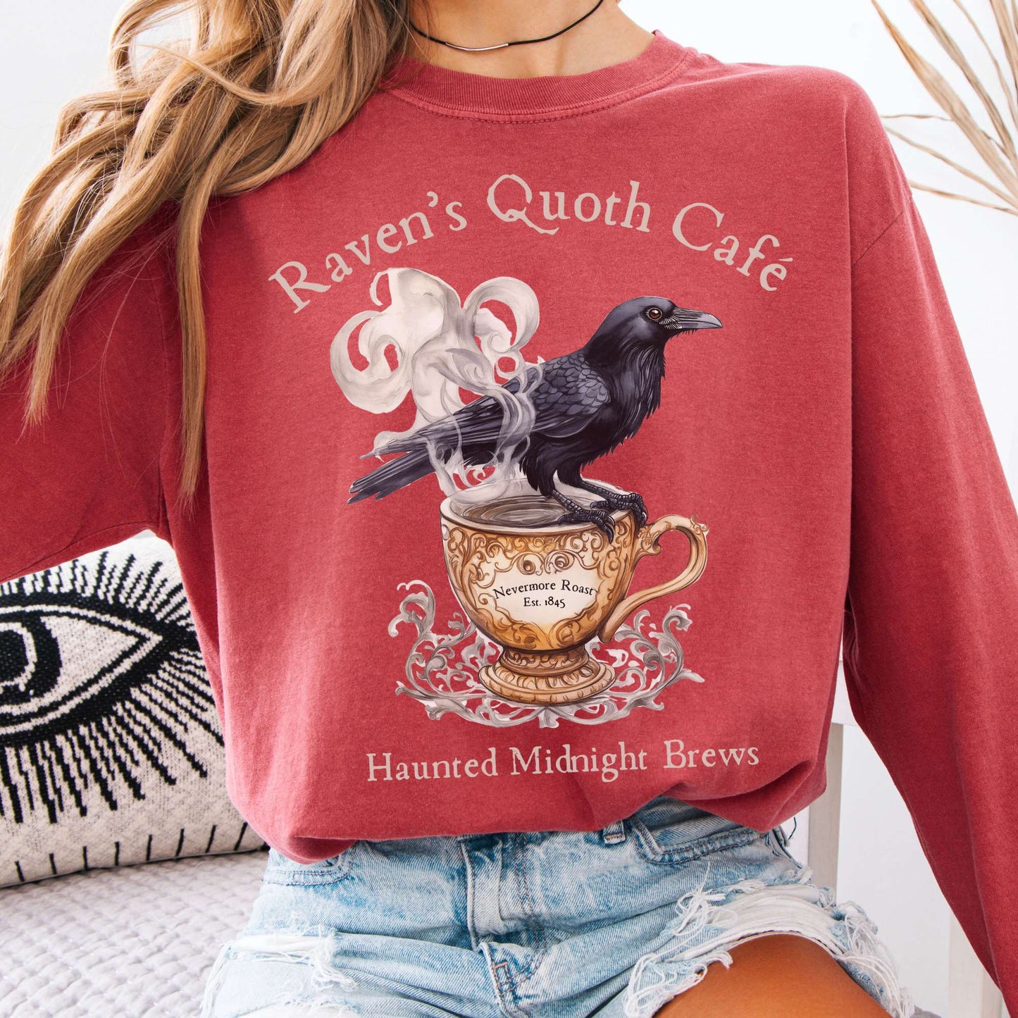 Long-sleeve Crimson / S Raven's Quoth Cafe Long Sleeved Shirt The Mystic Eden