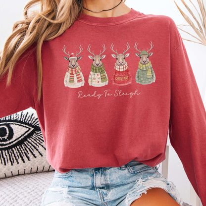 Long-sleeve Crimson / S Ready to Sleigh — Festive Reindeer Christmas Long Sleeve Shirt The Mystic Eden