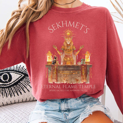 Long-sleeve Crimson / S Sekhmet's Eternal Flame Temple Egyptian Mythology Long Sleeve Tee The Mystic Eden