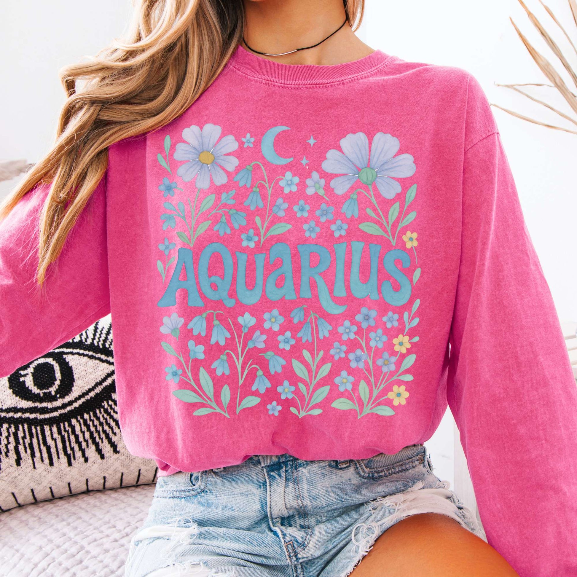 Long-sleeve Crunchberry / S Aquarius Long Sleeve Shirt – Zodiac Retro Floral Tee The Mystic Eden