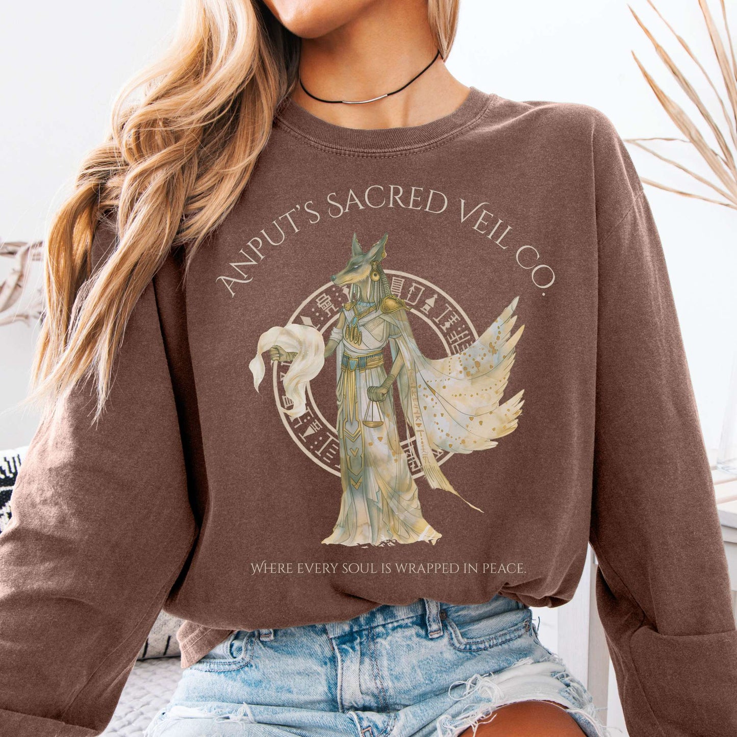 Long-sleeve Espresso / S Anputs Sacred Veil Co Egyptian Mythology Long Sleeve Tee The Mystic Eden