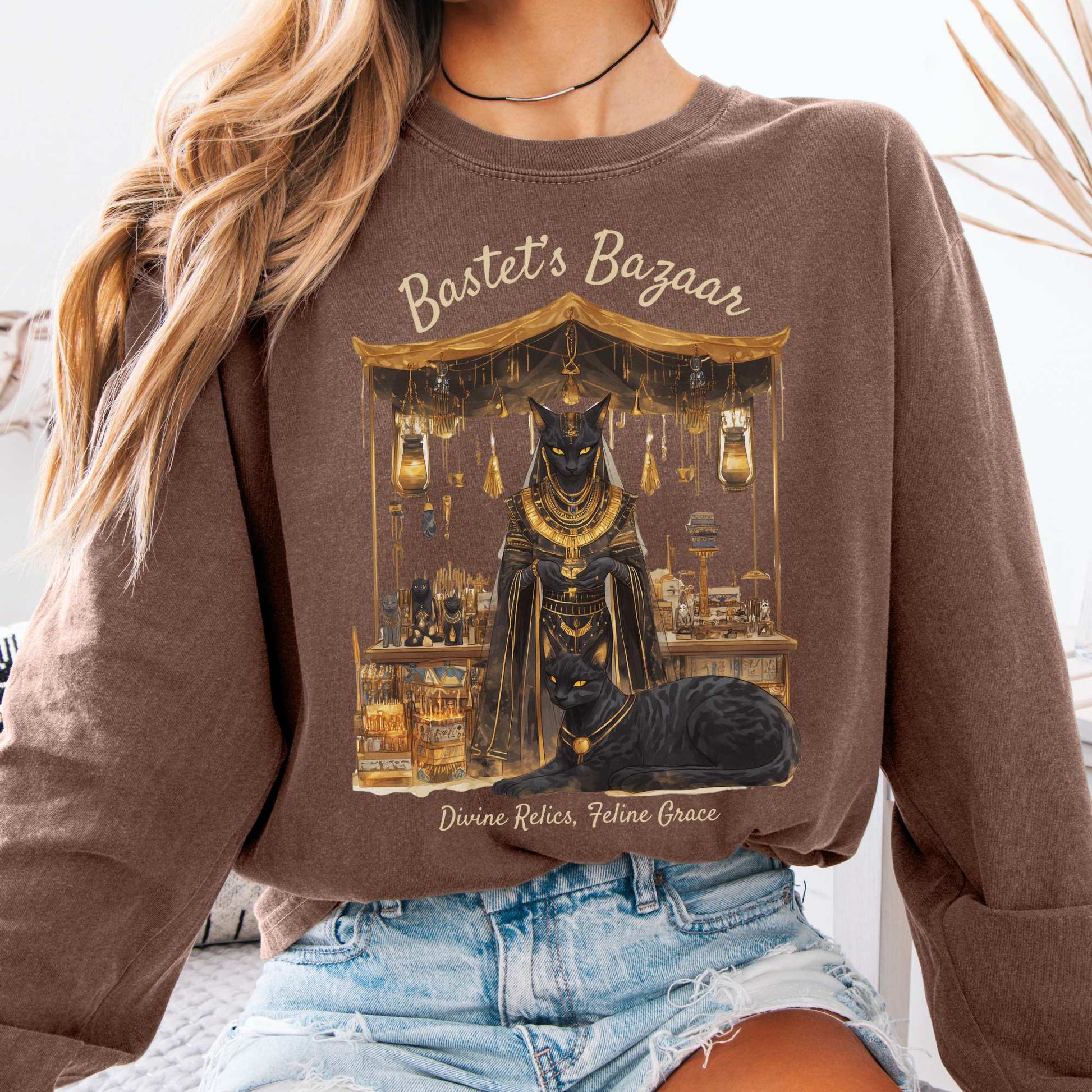 Long-sleeve Espresso / S Bastet's Bazaar Goddess Long Sleeve Shirt The Mystic Eden