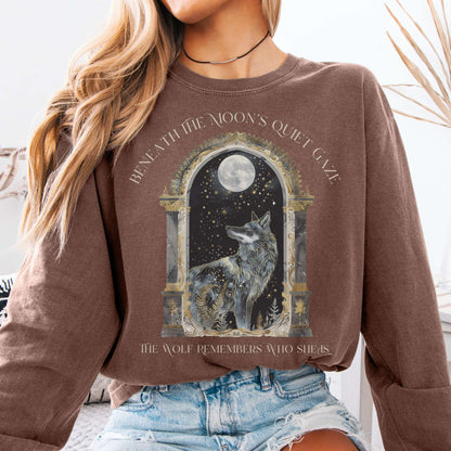 Long-sleeve Espresso / S Beneath The Moon The Wolf Remembers Who She Is Long Sleeve Tee The Mystic Eden