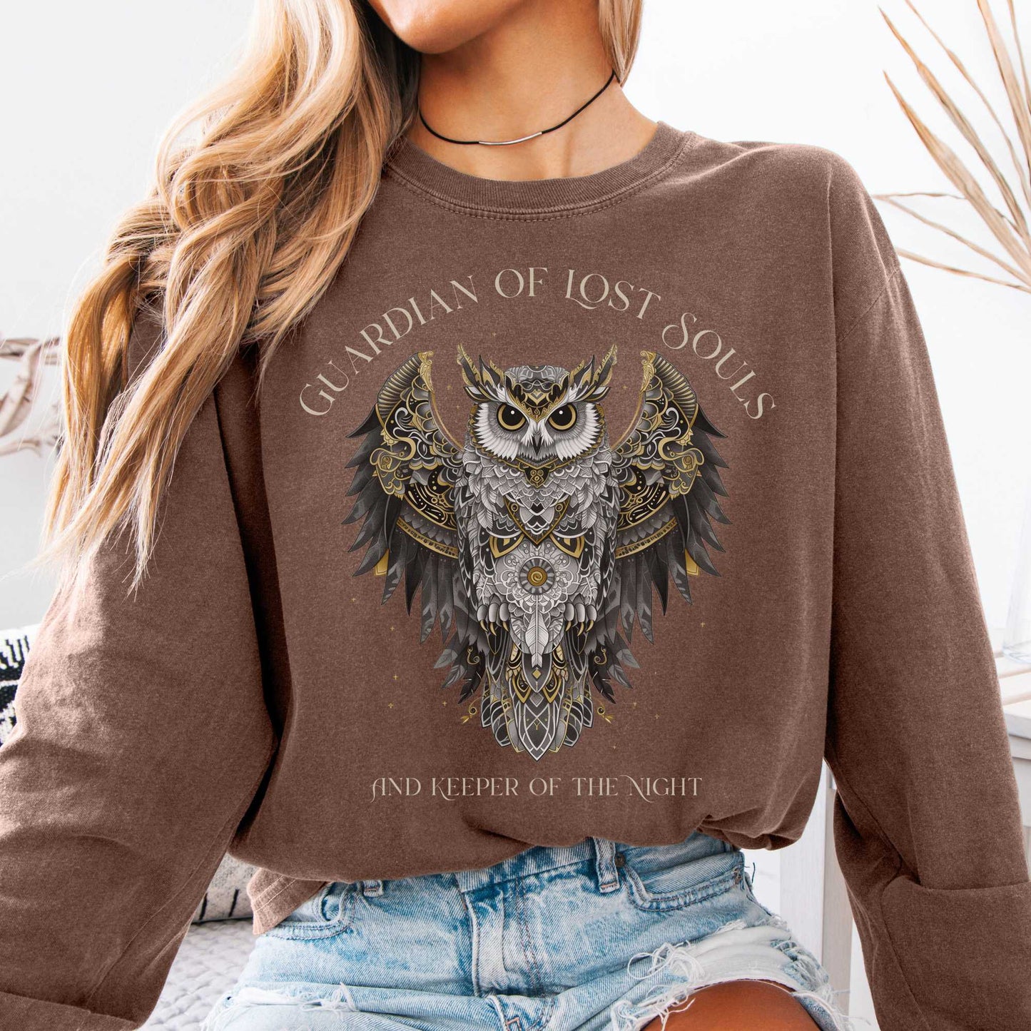 Long-sleeve Espresso / S Guardian of Lost Souls Mythic Owl Long Sleeve Tee The Mystic Eden