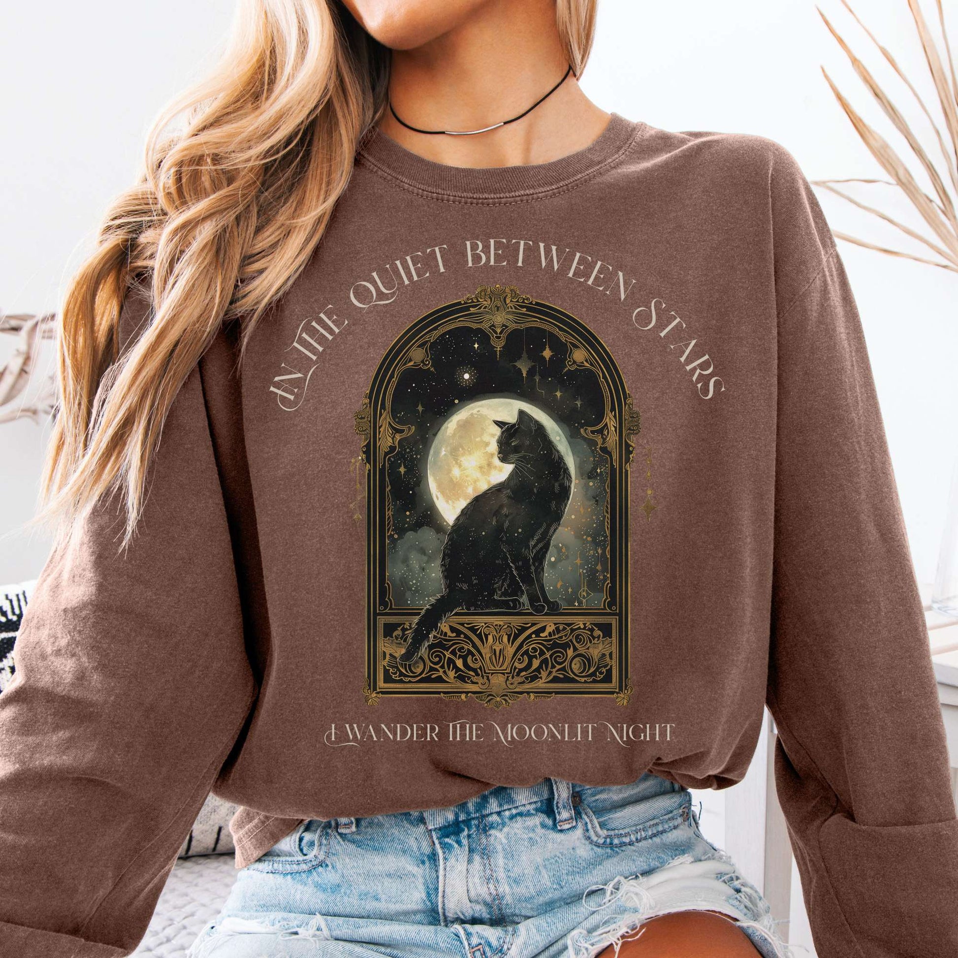 Long-sleeve Espresso / S In the Quiet Between Stars Moonlit Cat Long Sleeve Tee The Mystic Eden