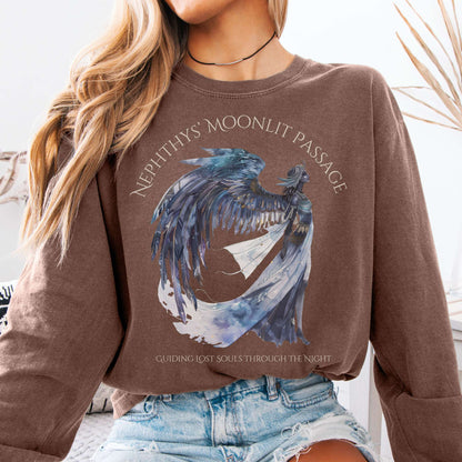 Long-sleeve Espresso / S Nephthys' Moonlit Passage Egyptian Mythology Long Sleeve Tee The Mystic Eden