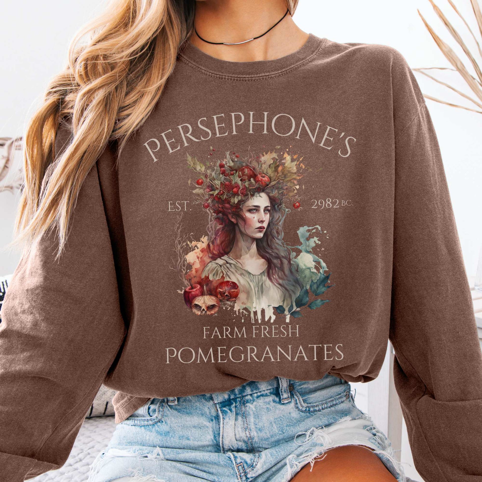 Long-sleeve Espresso / S Persephone's Farm Fresh Pomegranates Long Sleeve T-Shirt The Mystic Eden