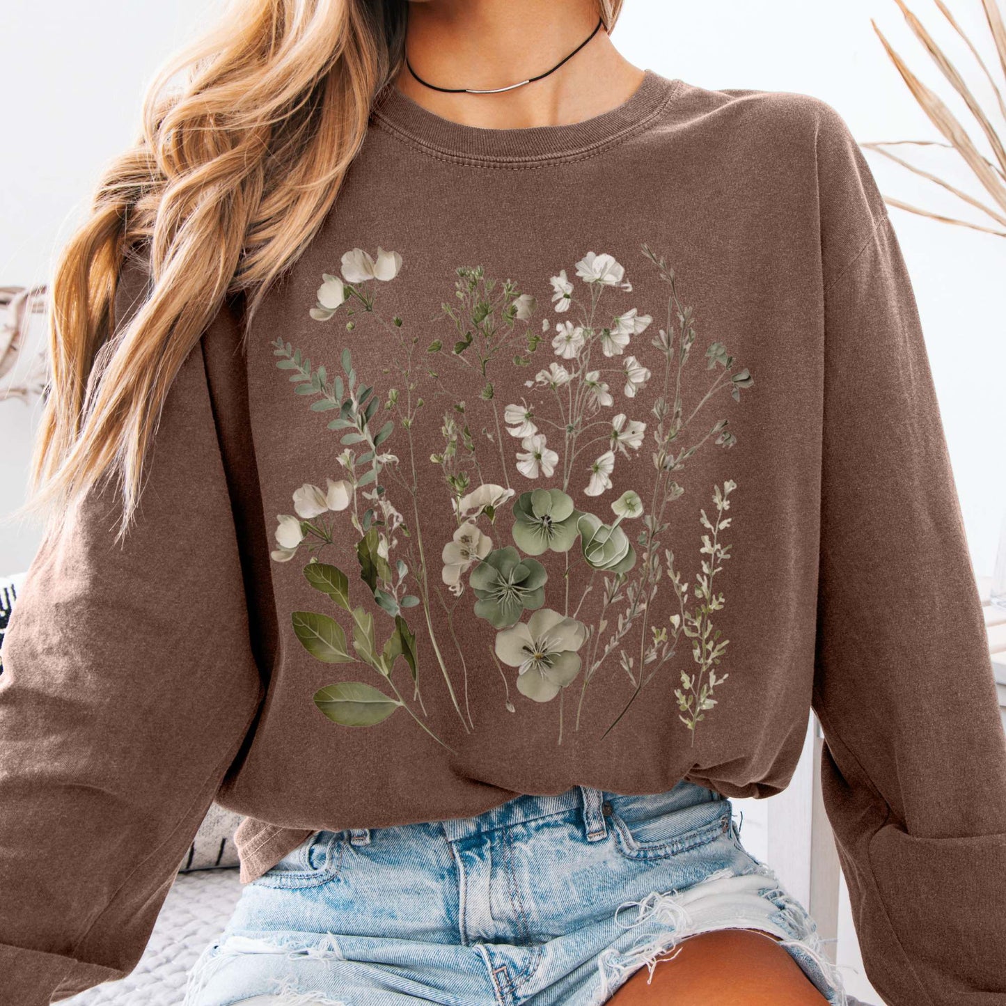 Long-sleeve Espresso / S Sage and White Wildflower Long Sleeve T-Shirt The Mystic Eden