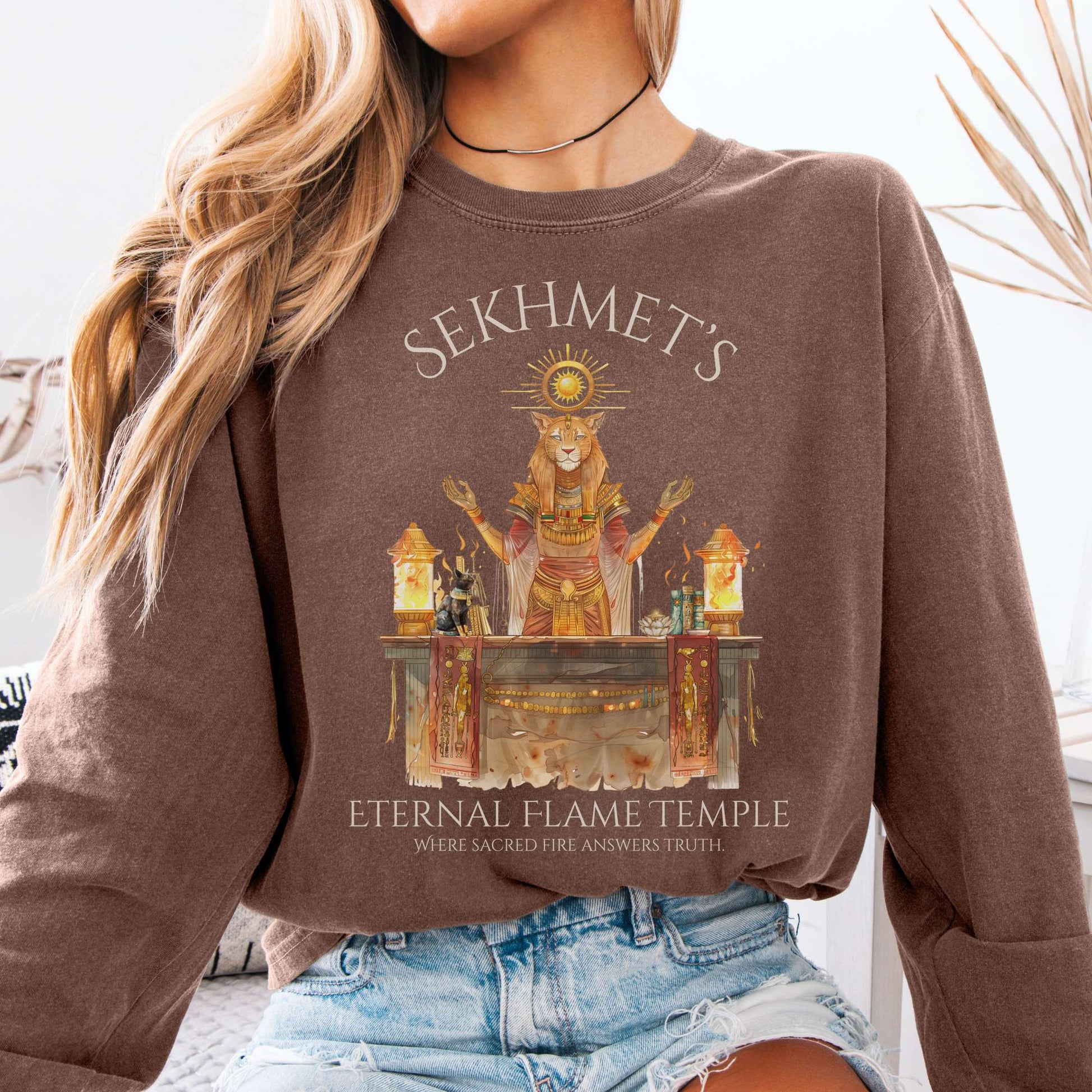 Long-sleeve Espresso / S Sekhmet's Eternal Flame Temple Egyptian Mythology Long Sleeve Tee The Mystic Eden
