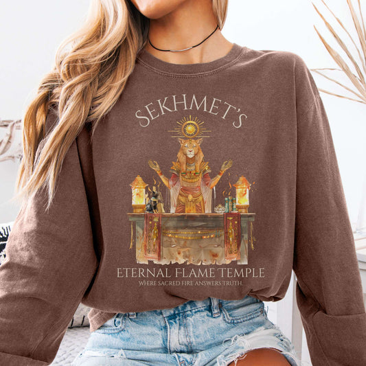 Long-sleeve Espresso / S Sekhmet's Eternal Flame Temple Egyptian Mythology Long Sleeve Tee The Mystic Eden
