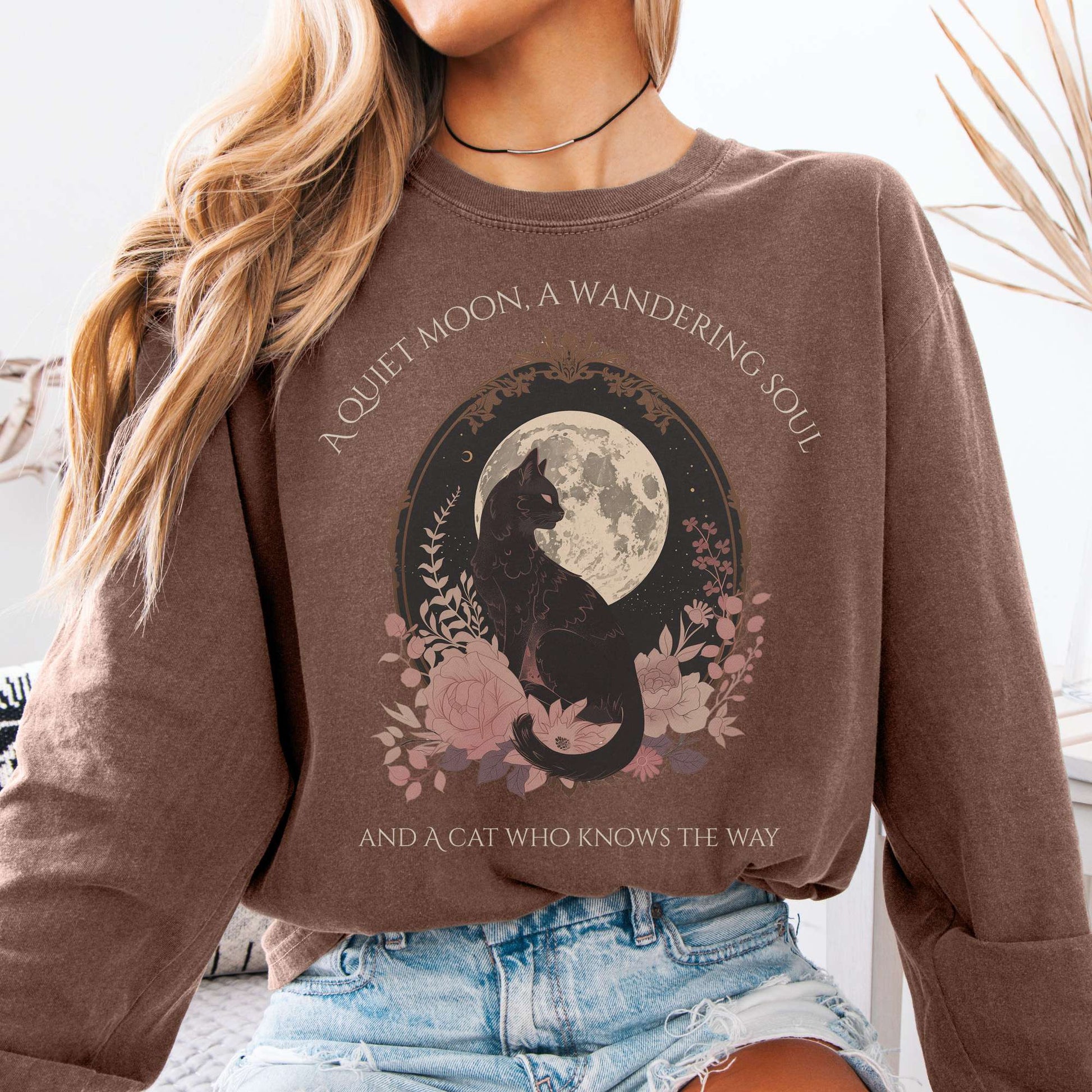 Long-sleeve Espresso / S The Cat Who Knows the Way Long Sleeve Tee The Mystic Eden