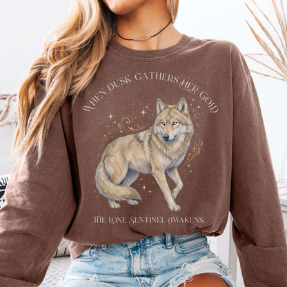 Long-sleeve Espresso / S When Dusk Gathers Her Gold Mystical Wolf Long Sleeve The Mystic Eden
