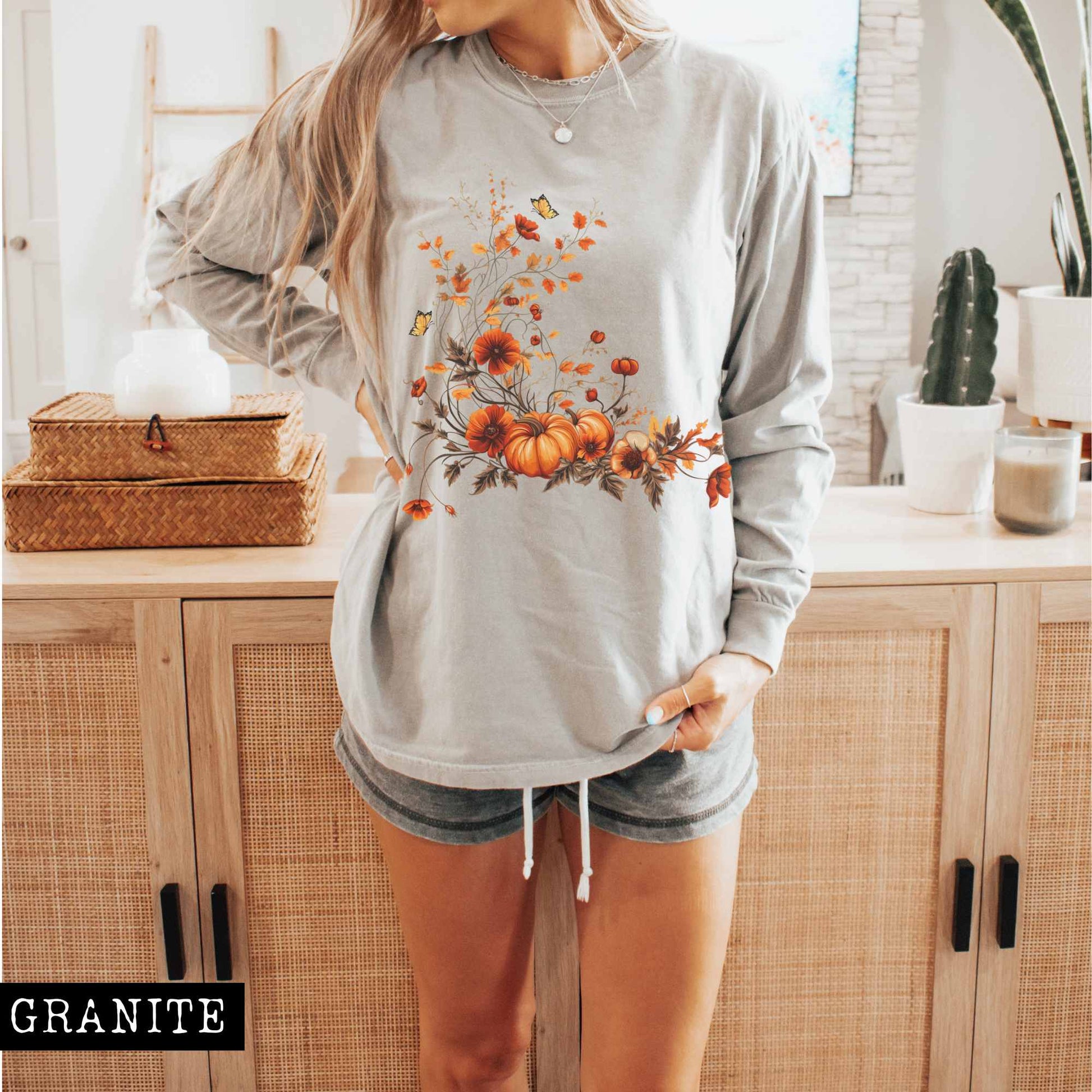 Long-sleeve Granite / S Vintage fall floral pumpkin long sleeve tee The Mystic Eden