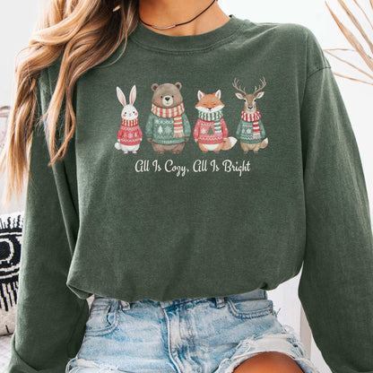 Long-sleeve Hemp / S All Is Cozy, All is Bright Woodland Christmas Long Sleeve Shirt The Mystic Eden