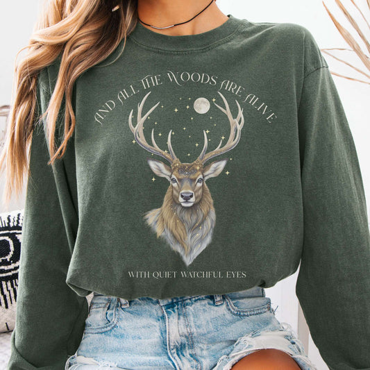 Long-sleeve Hemp / S All the Woods Are Alive With Watchful Eyes Walter de la Mare Tee The Mystic Eden