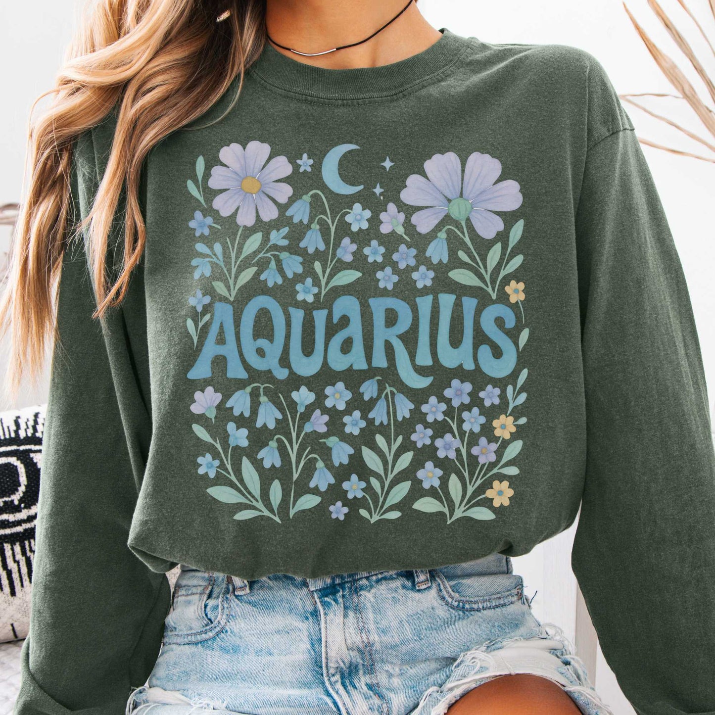 Long-sleeve Hemp / S Aquarius Long Sleeve Shirt – Zodiac Retro Floral Tee The Mystic Eden
