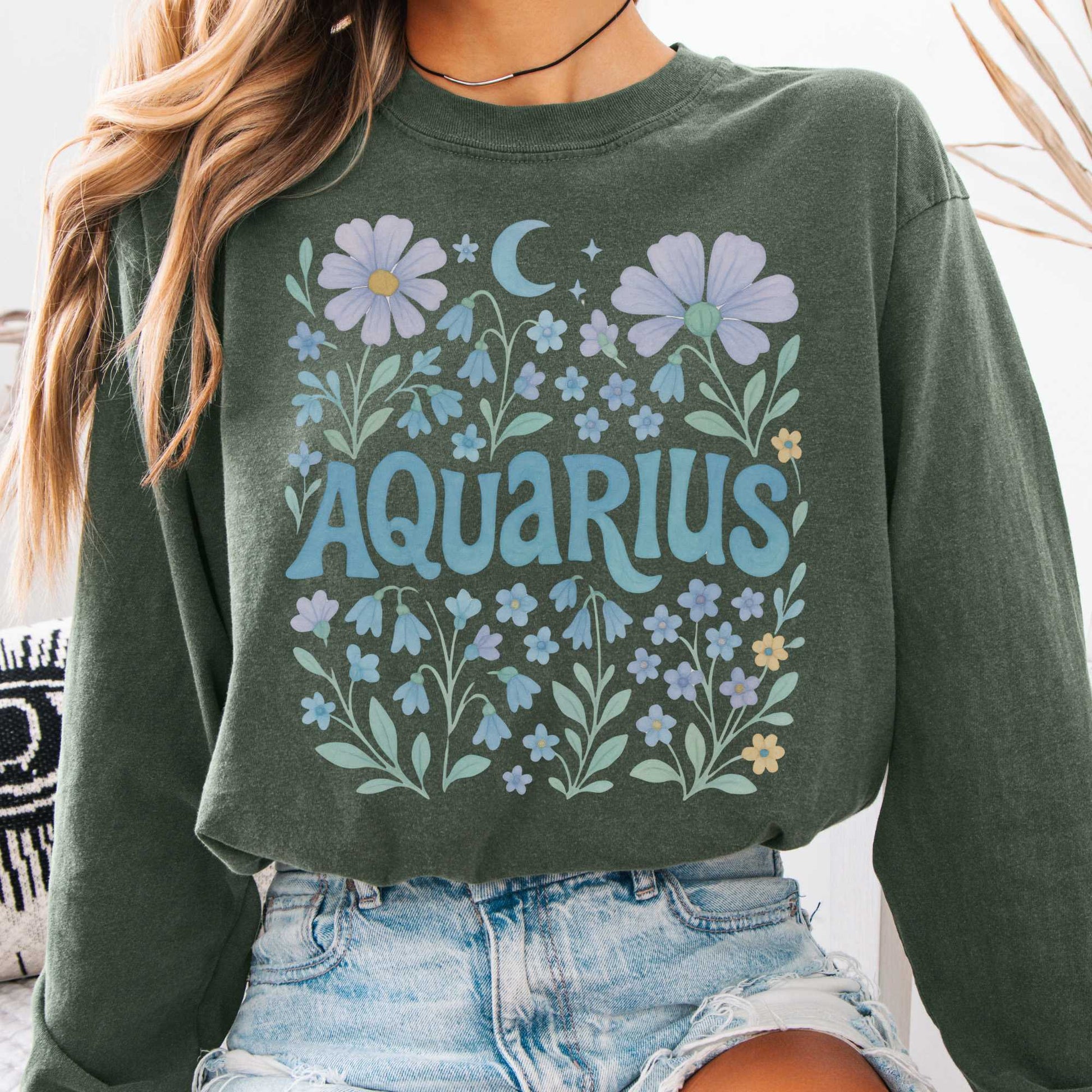 Long-sleeve Hemp / S Aquarius Long Sleeve Shirt – Zodiac Retro Floral Tee The Mystic Eden