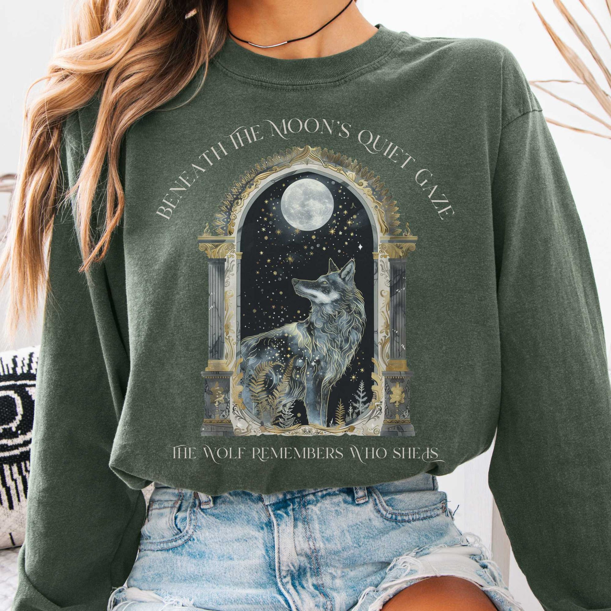 Long-sleeve Hemp / S Beneath The Moon The Wolf Remembers Who She Is Long Sleeve Tee The Mystic Eden