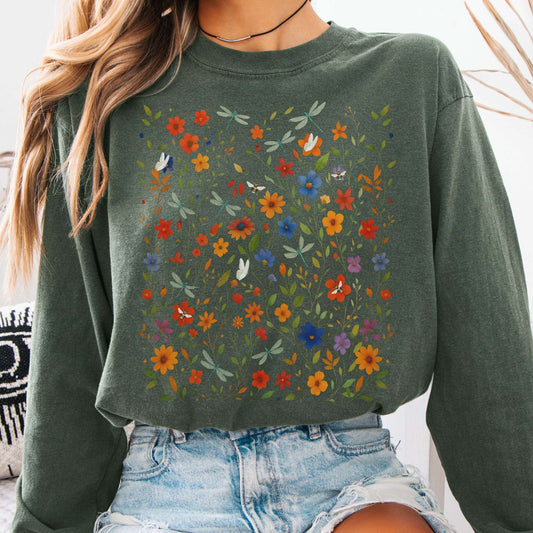 Long-sleeve Hemp / S Dragonfly  Wildflowers Long Sleeve Shirt Cottagecore long sleeve tee The Mystic Eden