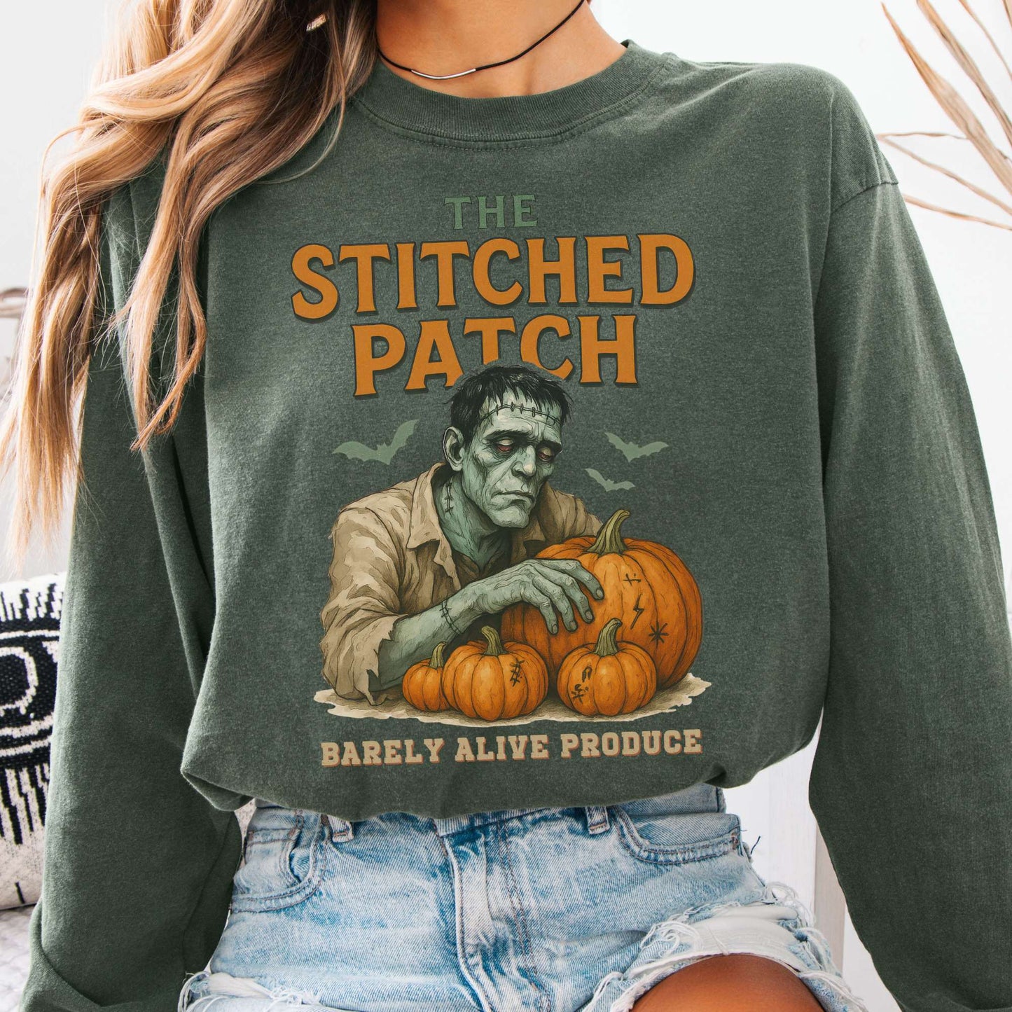 Long-sleeve Hemp / S Frankenstein's The Stitched Patch: Barely Alive Produce Long Sleeve Shirt The Mystic Eden