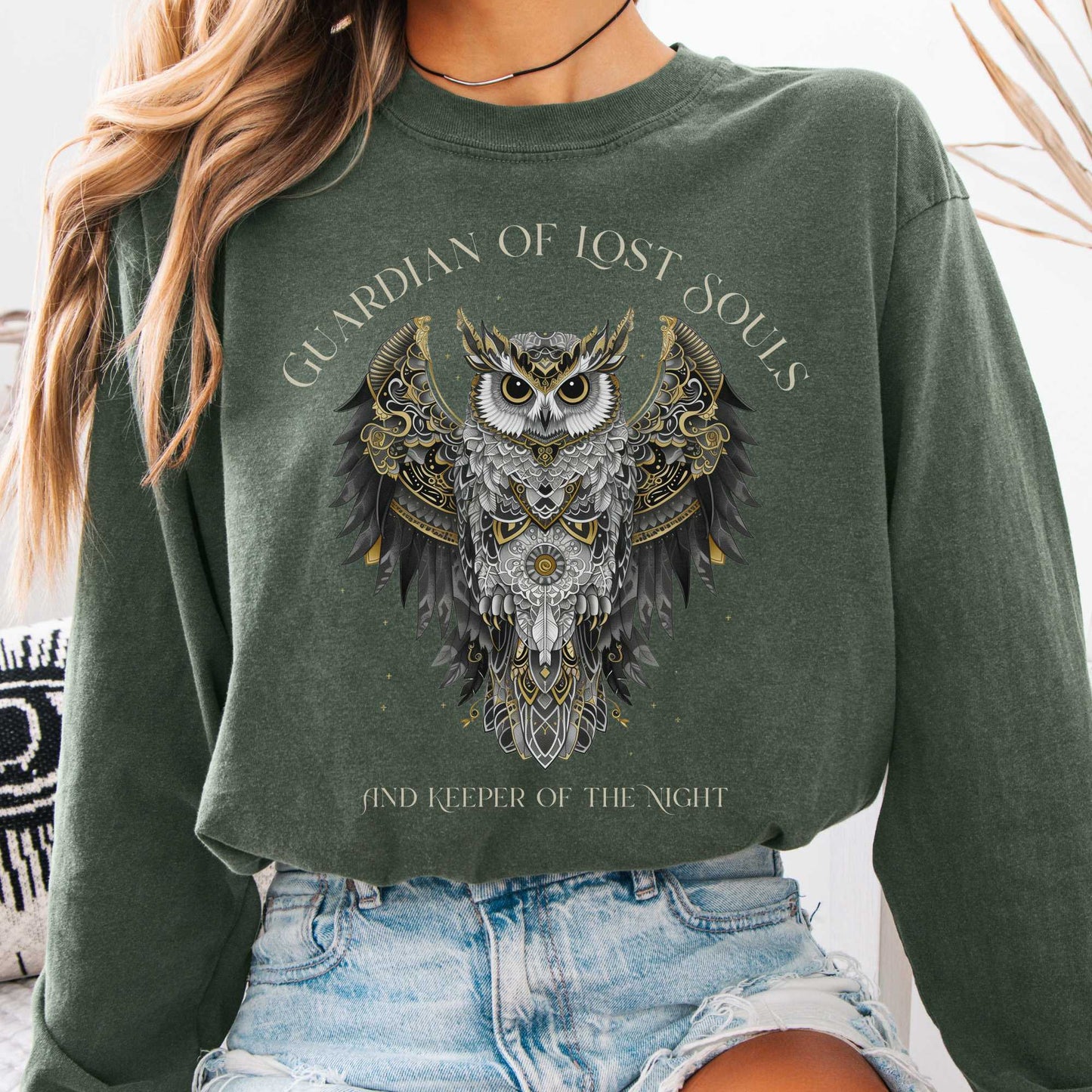 Long-sleeve Hemp / S Guardian of Lost Souls Mythic Owl Long Sleeve Tee The Mystic Eden