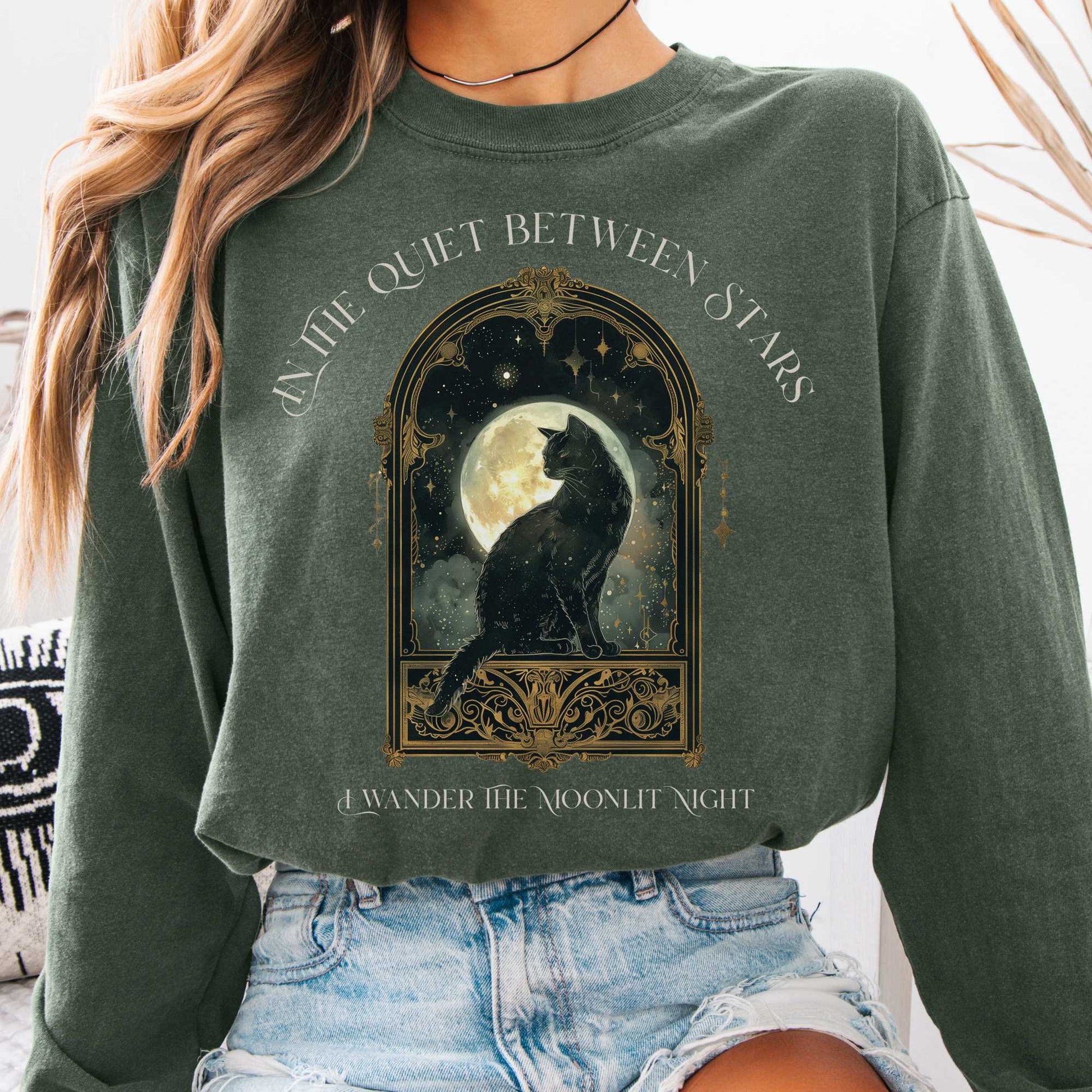 Long-sleeve Hemp / S In the Quiet Between Stars Moonlit Cat Long Sleeve Tee The Mystic Eden