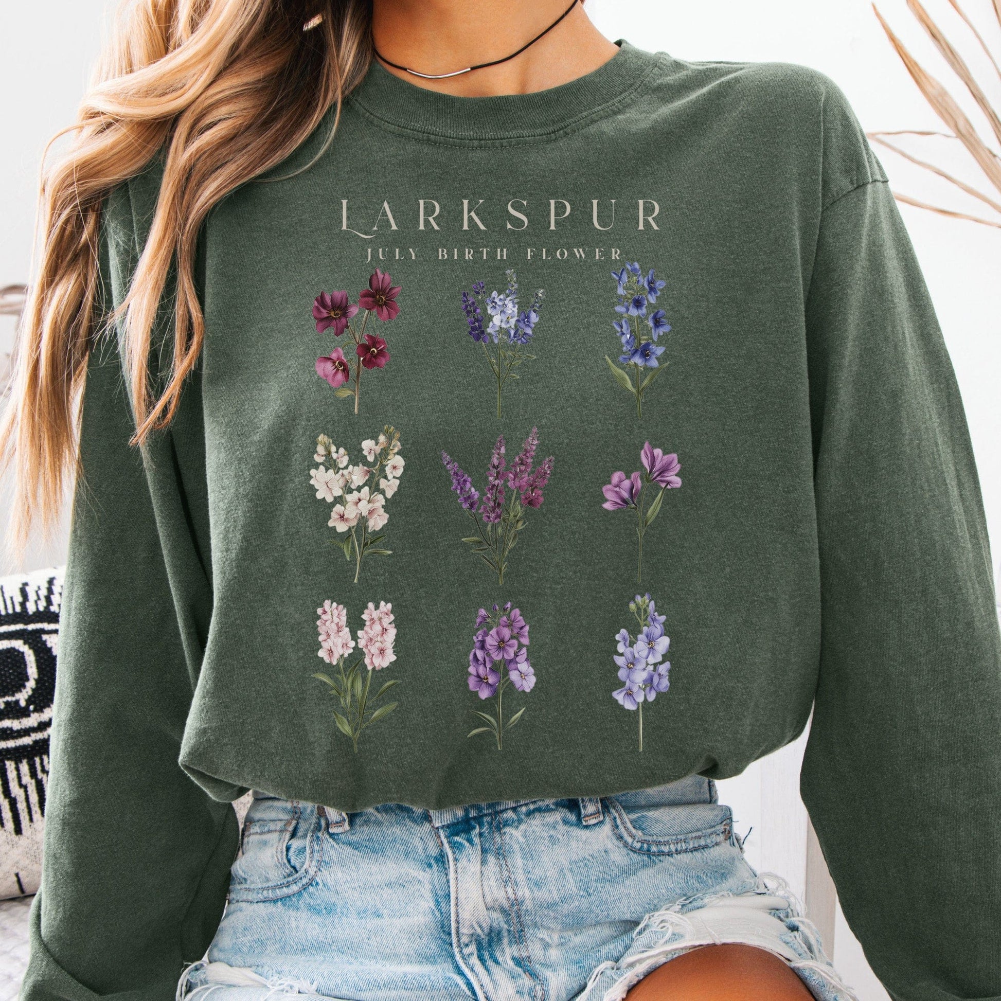 Long-sleeve Hemp / S Larkspur July Birth Month Flower Long Sleeve Shirt The Mystic Eden