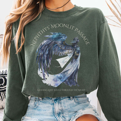 Long-sleeve Hemp / S Nephthys' Moonlit Passage Egyptian Mythology Long Sleeve Tee The Mystic Eden