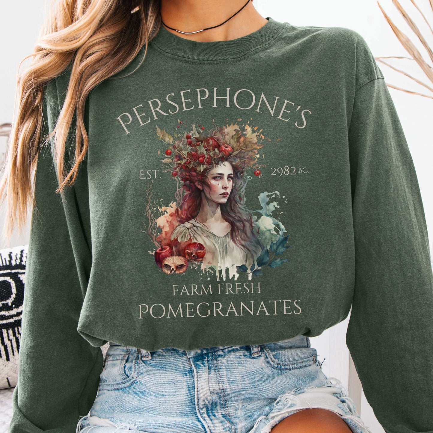 Long-sleeve Hemp / S Persephone's Farm Fresh Pomegranates Long Sleeve T-Shirt The Mystic Eden