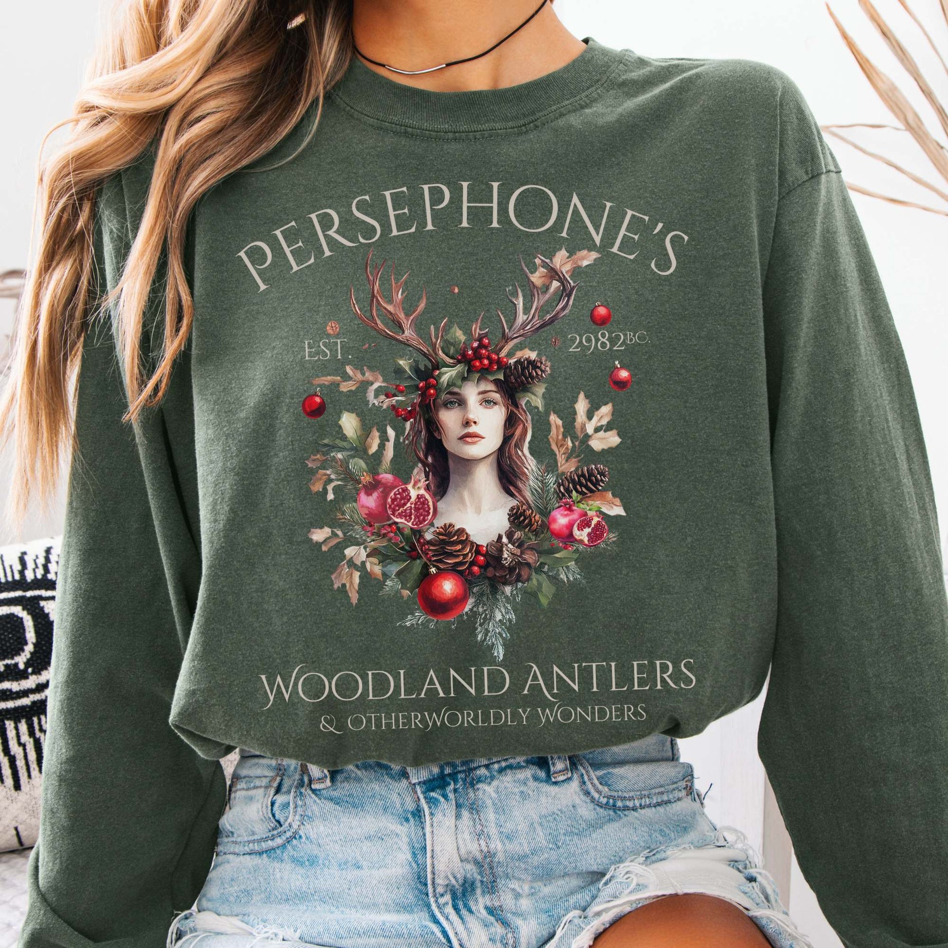 Long-sleeve Hemp / S Persephone's Woodland Antlers Christmas Long Sleeve Tee The Mystic Eden