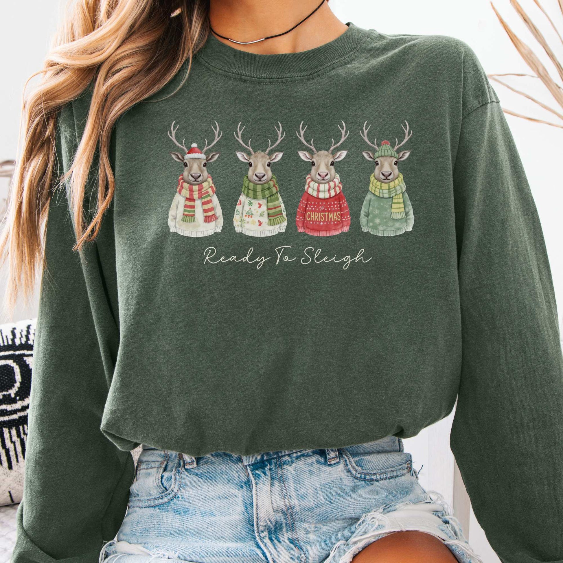 Long-sleeve Hemp / S Ready to Sleigh — Festive Reindeer Christmas Long Sleeve Shirt The Mystic Eden