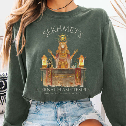Long-sleeve Hemp / S Sekhmet's Eternal Flame Temple Egyptian Mythology Long Sleeve Tee The Mystic Eden