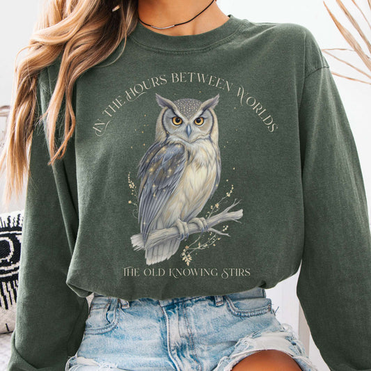 Long-sleeve Hemp / S The Old Knowing Stirs Mystical Owl Long Sleeve Tee The Mystic Eden